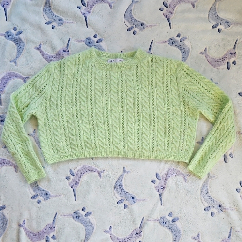 Zara Mint Green Cableknit Cropped Sweater NWOT